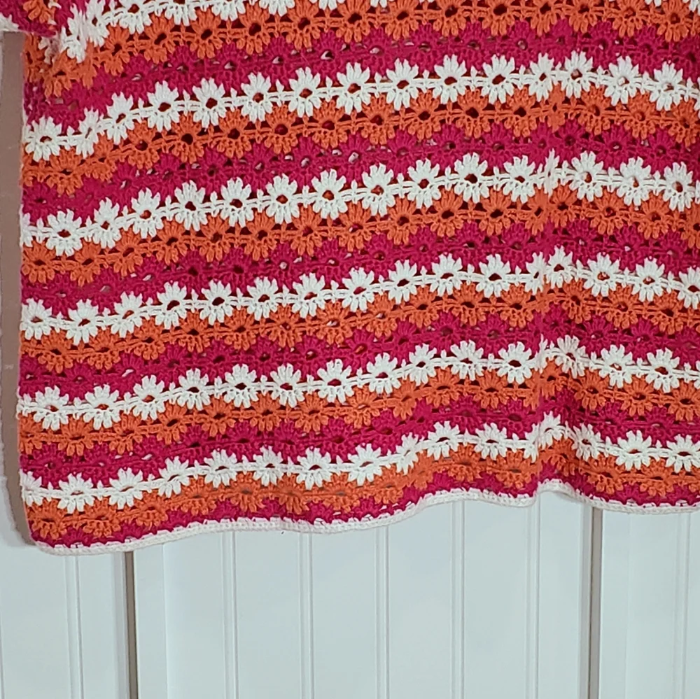 Crochet Button-Down Short Sleeve Shirt - Pink, Orange & White